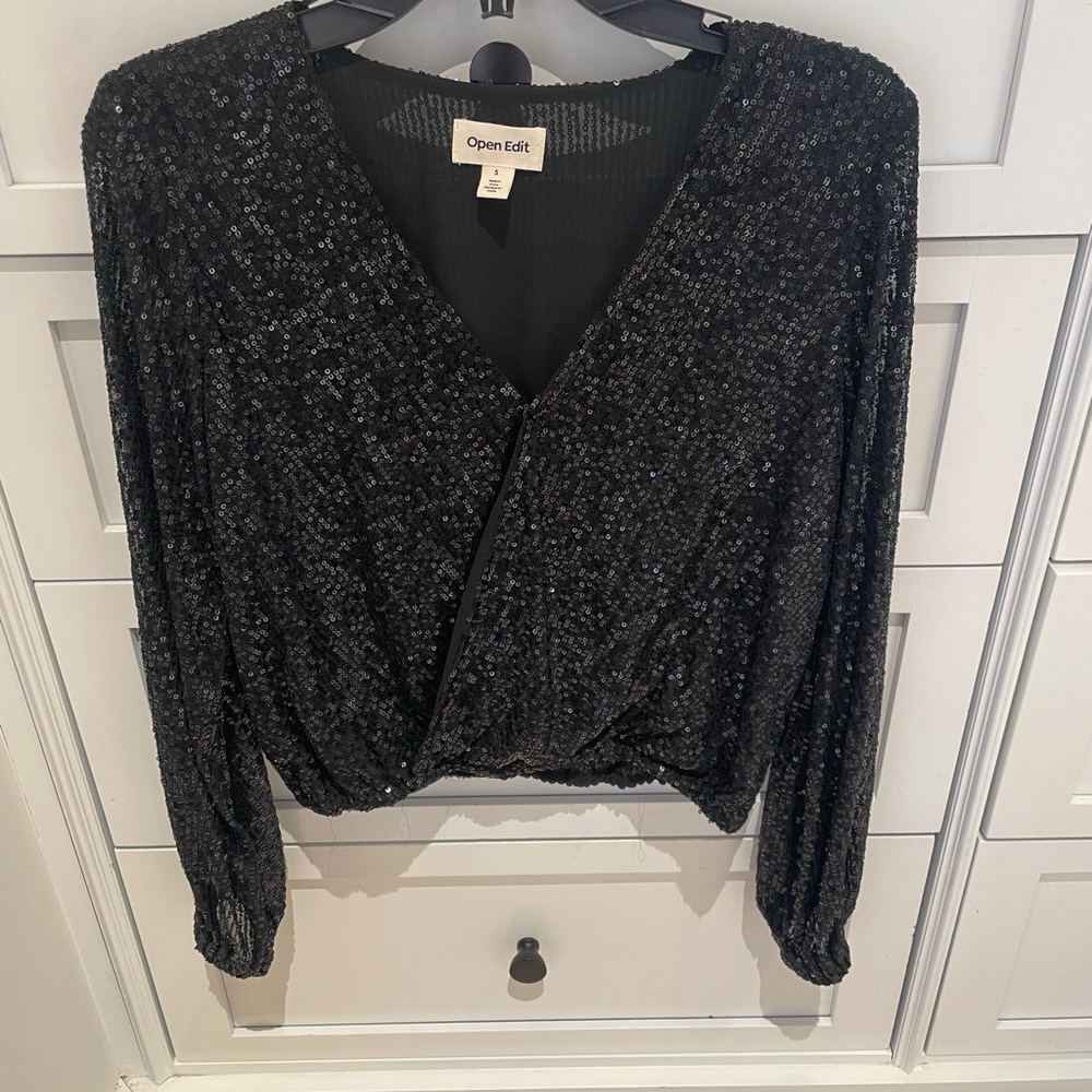 Open Edit Black Sequin Women's Blouse
